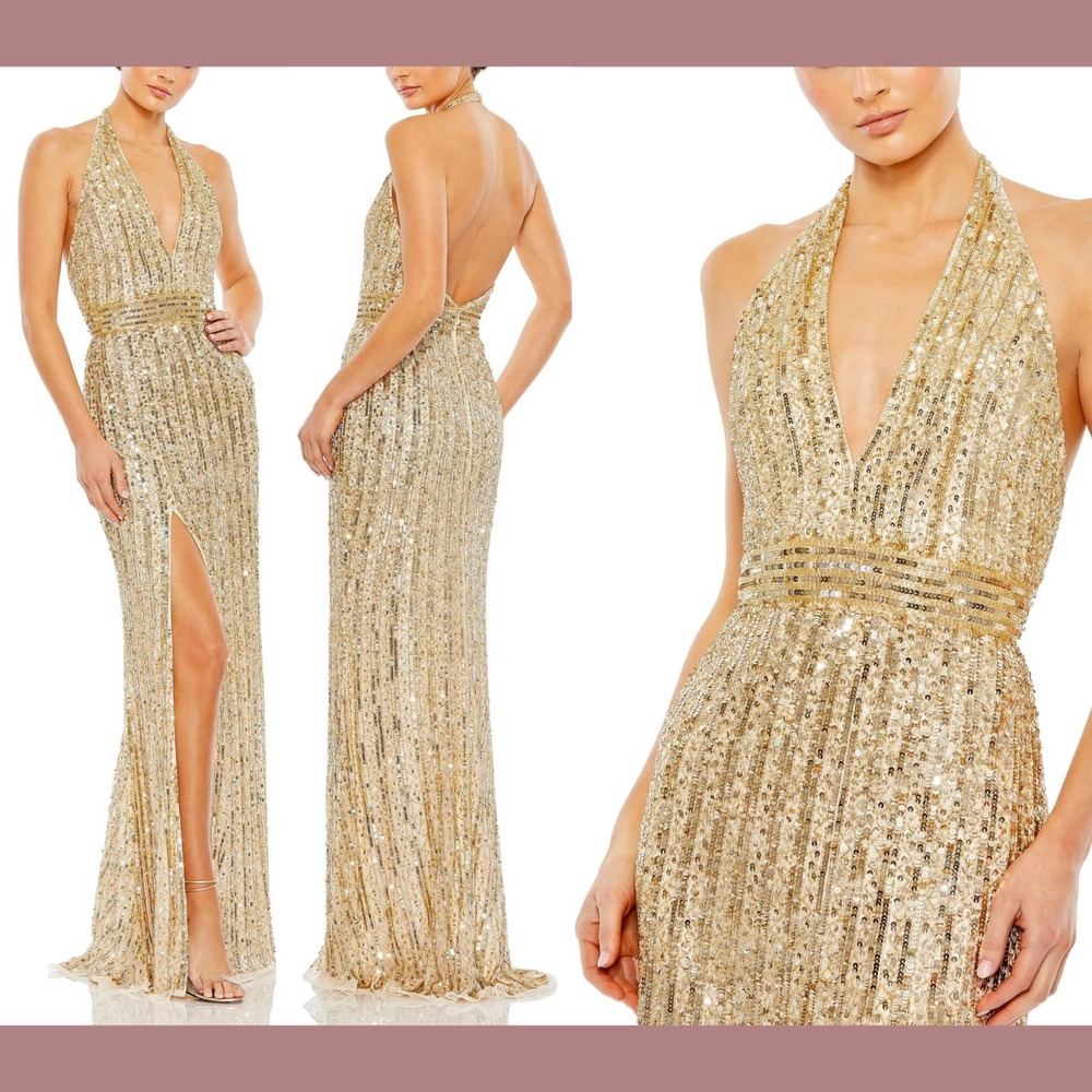NWT $698 Mac Duggal [‎ 10 ] 5759 Sequined Halter Strap Trumpet Gown Gold S1782